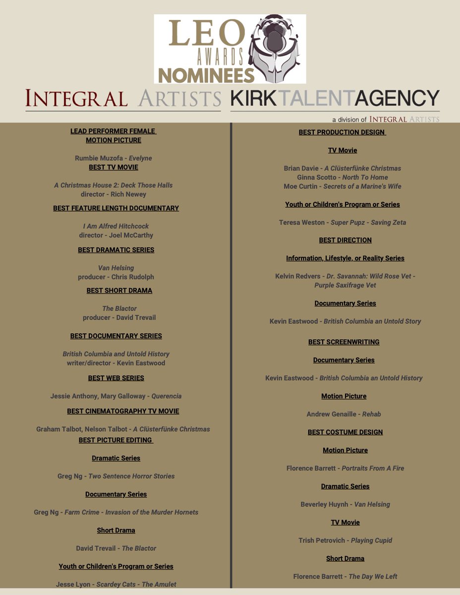 Integral_Kirk's tweet image. Huge CONGRATULATIONS to all our talented Leo Awards Nominees!!! 👏🏼👏🏼👏🏼