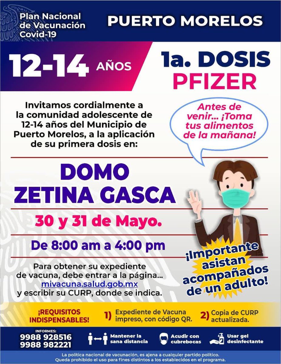 ⚠️Atención #PuertoMorelos:  El próximo lunes 30 y martes 31 de mayo se aplicarán 1.ª dosis Pfizer para adolescentes de 12 a 14 años, en el Domo “Zetina Gasca” de 8 a.m. a 4 p.m. Deben asistir acompañados de un adulto. <a href="/SESA_QROO/">SESA Quintana Roo</a>