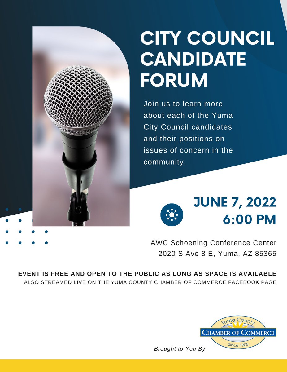 YumaChamber's tweet photo. Do you have questions for the candidates?
Now is your chance. Submit your questions before Noon on Friday, June 3 and your question may be one selected to be asked during the forum.

Submit Questions Here: 
https://t.co/rVcGVgN5td https://t.co/SYrkV3zDkK