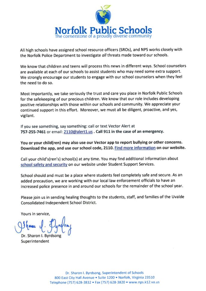 Please take the time to read this letter from Superintendent Dr. Sharon I. Byrdsong regarding the recent and tragic event at a Texas elementary school.

You can also access the Parent/Guardian letter over at bit.ly/3anPn89.

#HealingAndLoveForUvaldeTexas