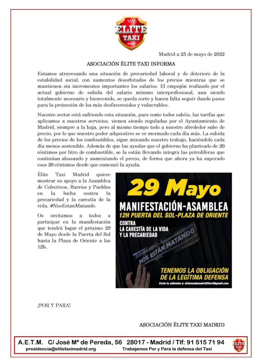 📢📢📢📢📢📢📢📢📢📢📢📢

ASOCIACIÓN ÉLITE TAXI MADRID apoya las movilizaciones de la Asamblea de Colectivos, Barrios y Pueblos contra la carestía  de la vida