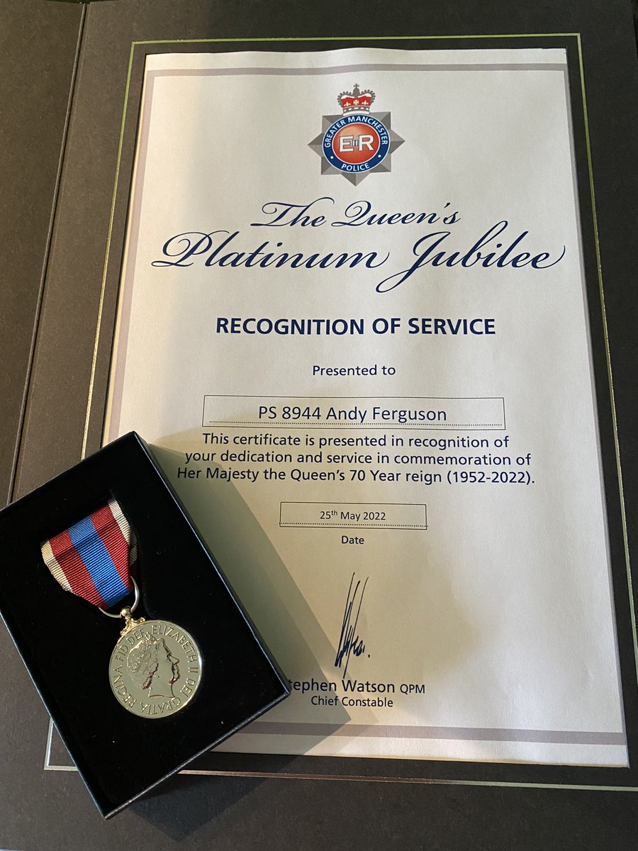 PC_AndyFerguson's tweet photo. Like many other #emergency service and #military personnel up and down the United Kingdom, I collected my Queens Platinum Jubilee medal from @GMPBuryNorth . Proud and honoured to wear it on my uniform alongside my other Medals #PlatinumJubilee https://t.co/Y6imCOy3ED