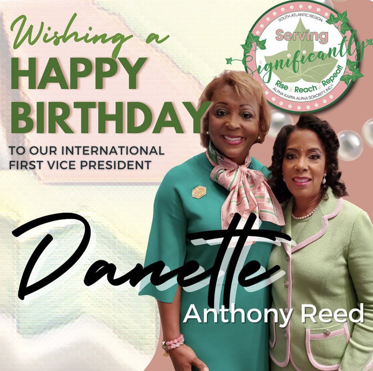 AKAPhiTauOmega's tweet image. Happy Birthday to Ms. Danette Anthony Reed, our International First Vice President. We love you and wish you a year of unlimited blessings. #ServingSignificantly #SARegion #significantSA #AKA1908