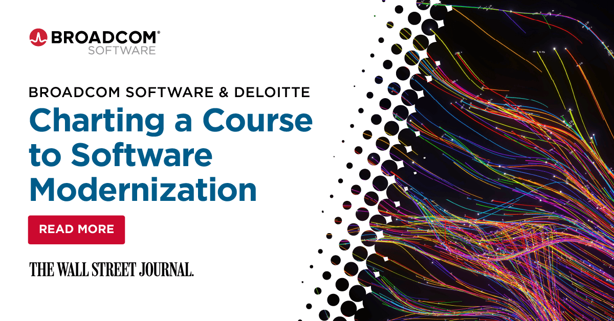 BroadcomSW's tweet photo. Embrace a #software modernization strategy to help transform your enterprise with a next-generation tech stack to drive business goals. Learn more in the @WSJ w/ @DeloitteOnTech:  https://t.co/rTjOXL81NH https://t.co/Sy2wUoJOLo
