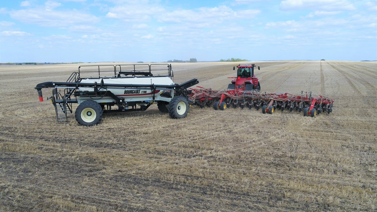 Snuck out to Briggs Farms to see some canola planting a few days ago. Got this nice drone shot, figured you might approve <a href="/BourgaultAg/">Bourgault Industries</a>. Using Helix branded seed treatment from <a href="/syngentacanada/">Syngenta Canada</a> #Plant2022 #FieldPerformance