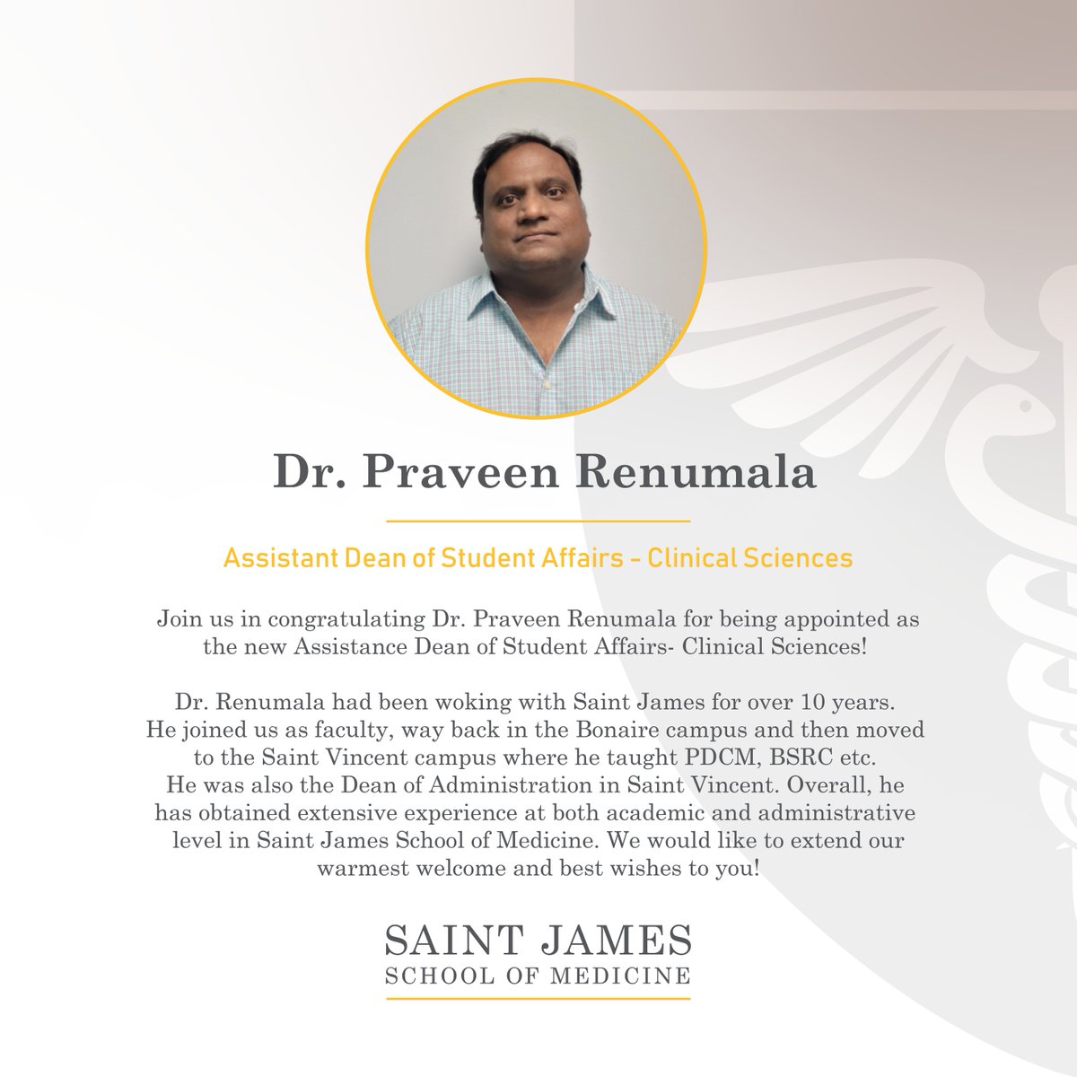 SaintJamesMed's tweet photo. Saint James School of Medicine would like to welcome Dr. Praveen Renumala as our new Assistant Dean of Student Affairs- Clinical Sciences!
#SJSM #SJSMProud #newdean #clinialsciences #DeanofAdministration #studentresource #community #newhire #welcome #team #Anguilla #svg #chicago https://t.co/foG4ntiF5H
