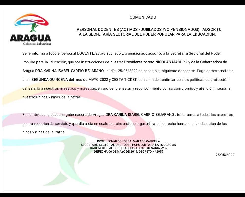 Cumpliendo con las orientaciones del Pte. <a href="/NicolasMaduro/">Nicolás Maduro</a> y la Gob. <a href="/Soykarinacarpio/">Karina Carpio</a>  en día de hoy se está realizando el pago de la 2da quincena del mes de Mayo a todo el personal dependiente de la SSPPPE. #ProducciónComunal <a href="/_LaAvanzadora/">Yelitze Santaella</a> @MPPEDUCACION