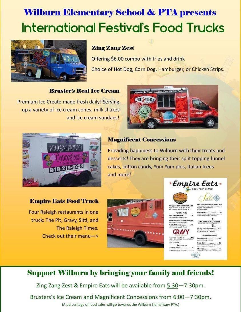 ATTENTION, ATTENTION🔊

🎉Tomorrow is our International Festival, we can't wait to see you!

Magnificent Concessions, <a href="/brusterstrucknc/">Bruster’s Real Ice Cream Truck</a> and Zing Zang Zest will be there! Check out the menus ahead of time to be ready to order!