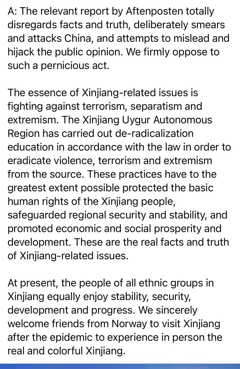 Kinas ambassade i Oslo reagerer på artiklene i Aftenposten om interneringsleirene for uigurene og andre minoritetsgrupper. #XinjiangPoliceFiles