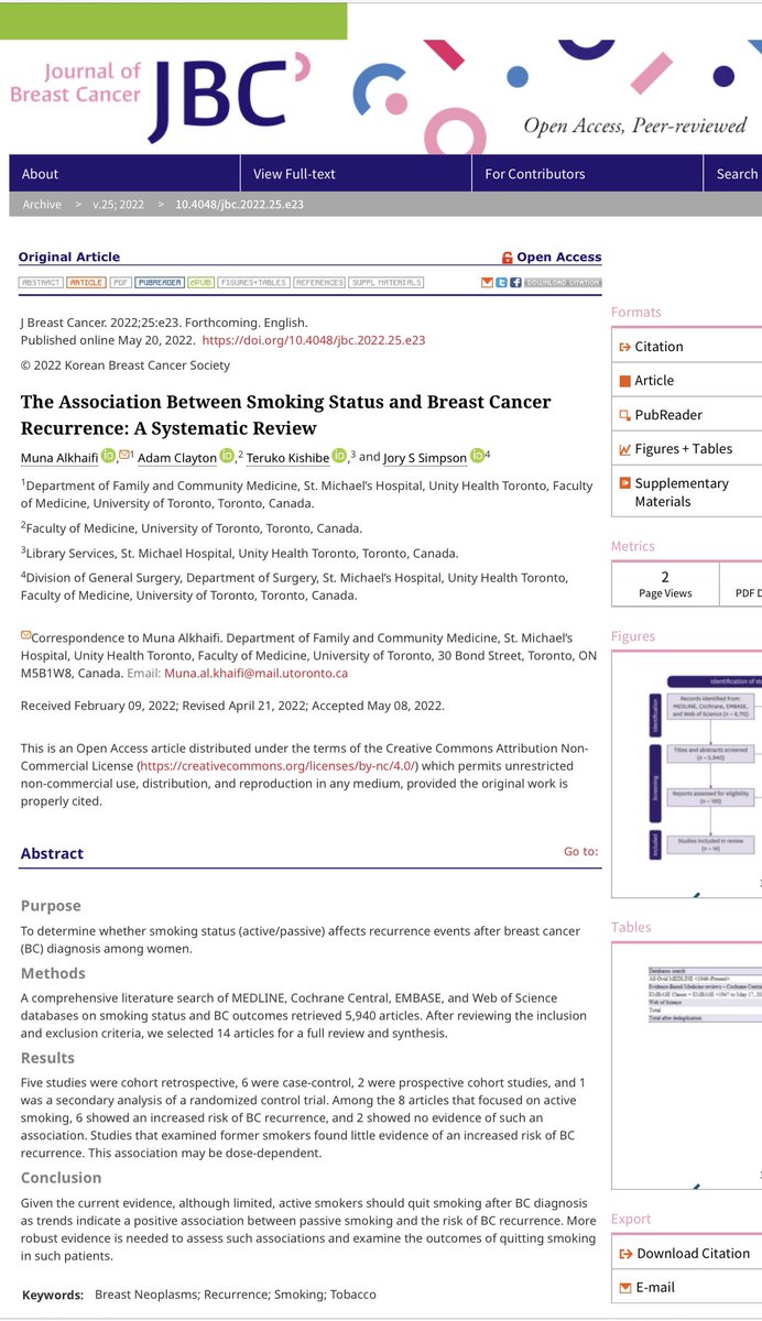 munasaid44's tweet photo. Very thrilled to announce that our new systematic review on "The Association Between #SmokingStatus and #BreastCancer Recurrence " is now published online in the Journal of Breast Cancer.Thanks to @DrJorySimpson for his mentorship .https://t.co/ovu4gJcCoU https://t.co/7DGog0An32