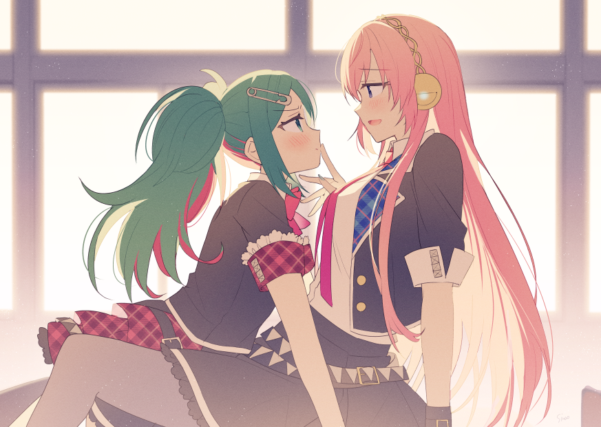 hatsune miku ,megurine luka multiple girls 2girls yuri pink hair long hair twintails skirt  illustration images