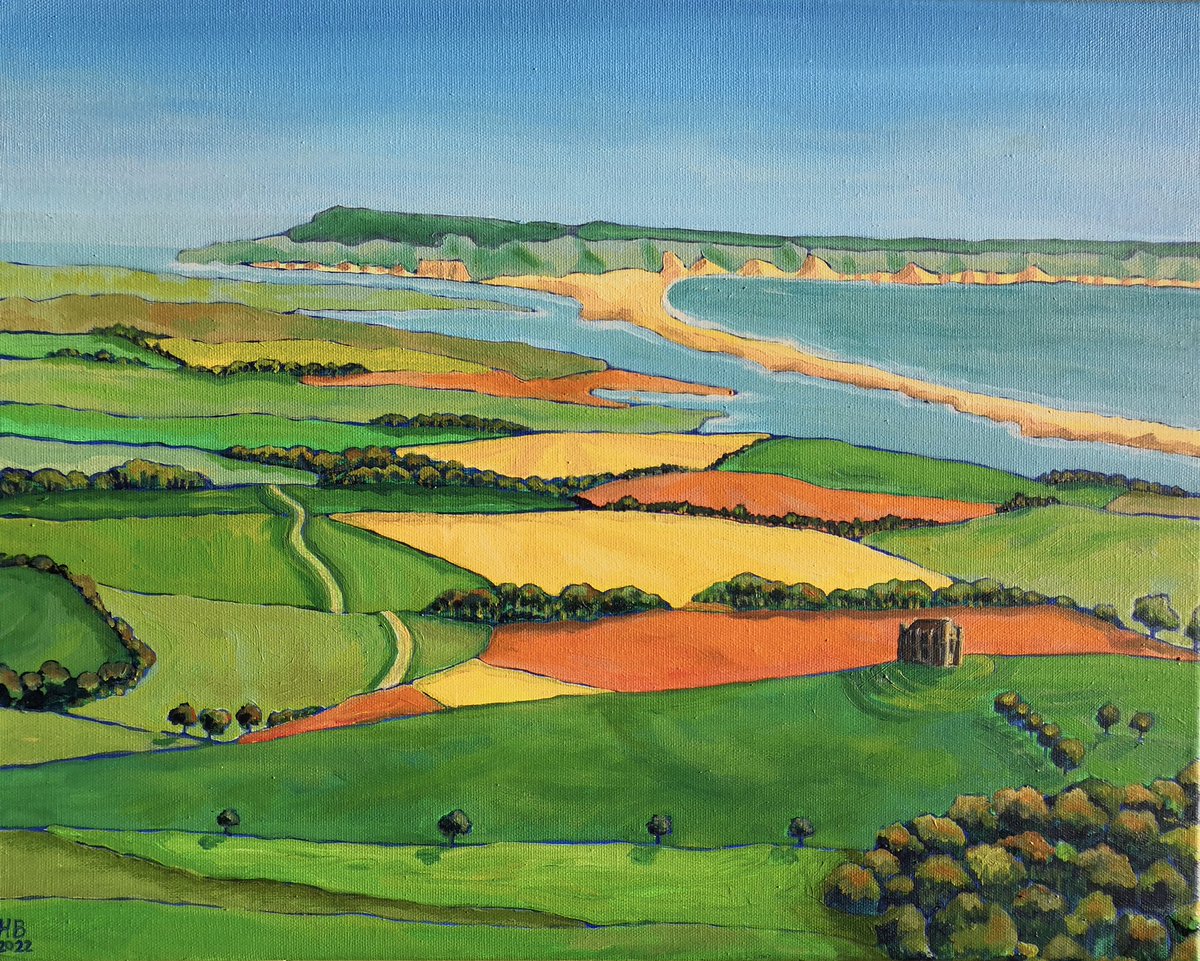 Dorset_Artist's tweet photo. Over St Catherine’s Chapel to Portland - #acrylic on #canvas - a commission I did earlier in the year available as prints at https://t.co/Z723lLfidG @LovePortlandUK @weyandportinfo 

#art #painting #isleofportland #abbotsbury #dorset https://t.co/3vUZOGMH2r