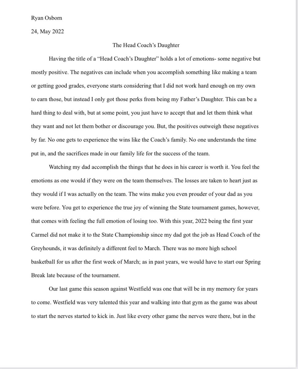 Coach_Osborn's tweet photo. I hesitated to post out of respect / privacy of the birthday girl, but an essay my daughter wrote for her AP Seminar class sheds a unique, unsaid perspective. It only took me four attempts to read all the way through. 

“The Head Coaches Daughter”

1/3 https://t.co/XFkpbZ8pIX