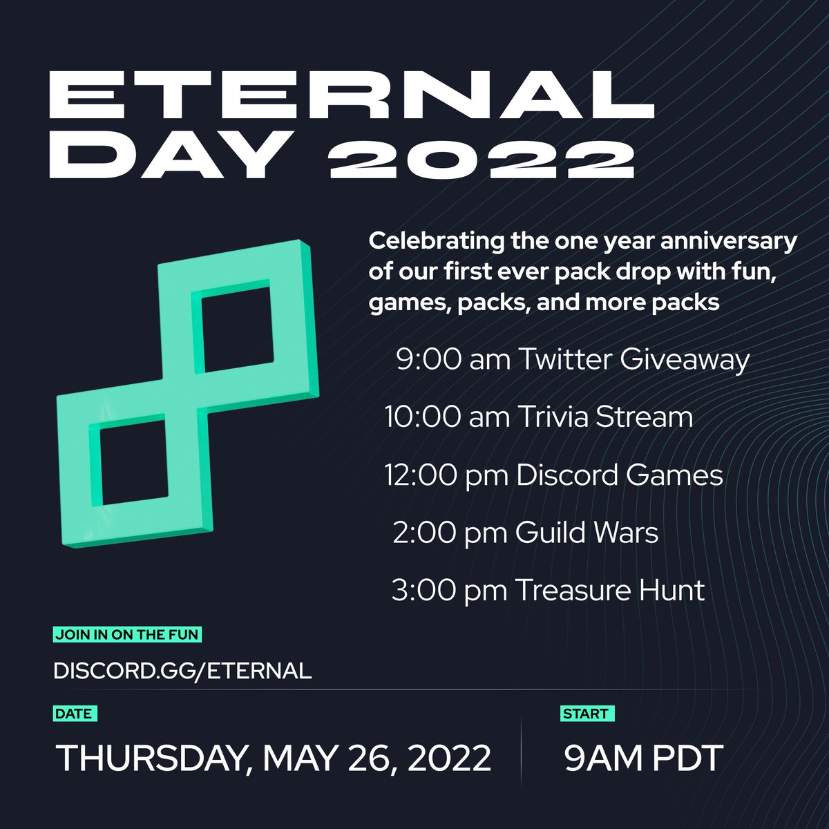 🥳Happy early birthday Eternal.gg!🥳

Tomorrow, we're celebrating the anniversary of our first pack drop, Rogue One!🔥

Lots of activities planned for the day, including giveaways, trivia, and games across our various social media!🙌

See you tomorrow!
