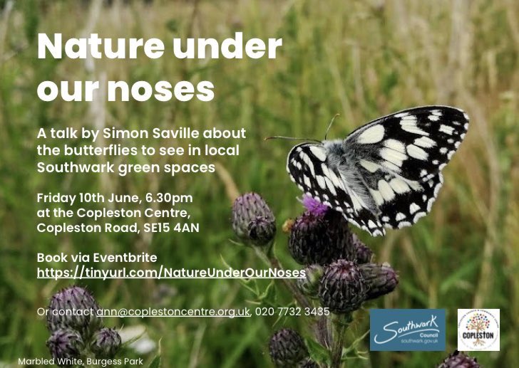 CoplestonCentre's tweet image. We're very much looking forward to hosting this talk with @sbsaville  about the butterflies that can be seen in #Southwark, with tips on where and when to look for them!
Join us on Friday 10th June at 6.30pm🦋🦋
Book here: eventbrite.com/e/342138143397/