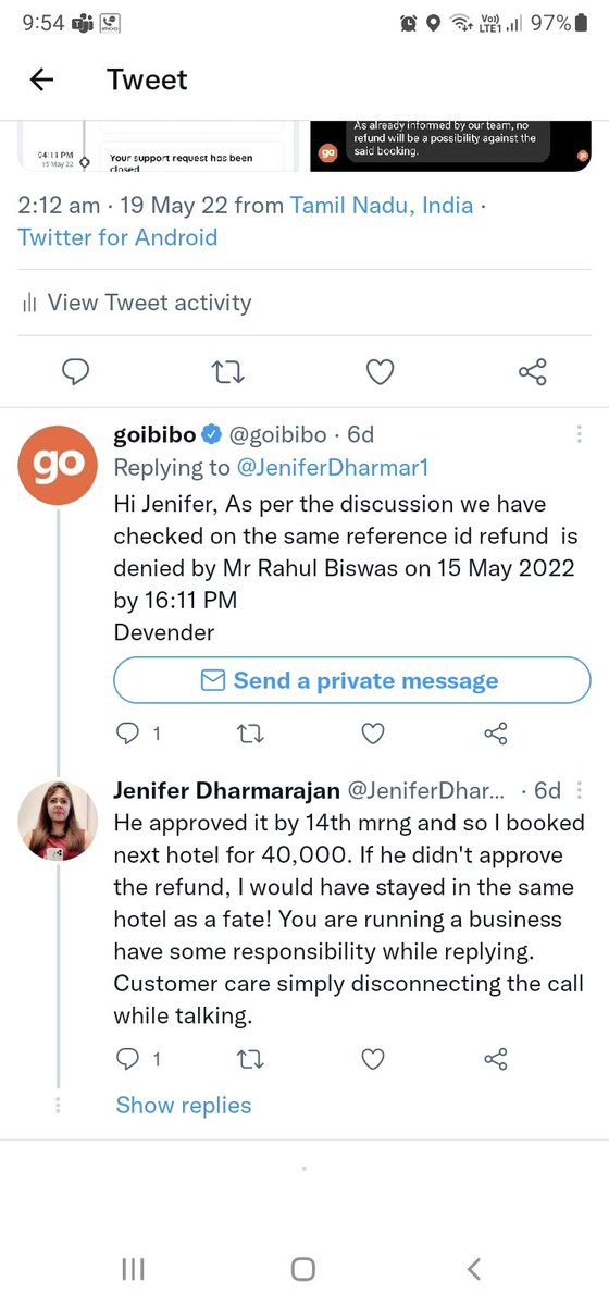 JeniferDharmar1's tweet photo. @goibibo customercare approved the refund and next day cancelled it! 40K Because of their mood swings now I need to follow up them from NewZealand. Who will trust Indian websites. Proof attached. @Rajesh_Magow @CCI_India @PMOIndia @TourismFaith @vikalpsahni @riteshagar @alnehaa https://t.co/SE58vUMdEi