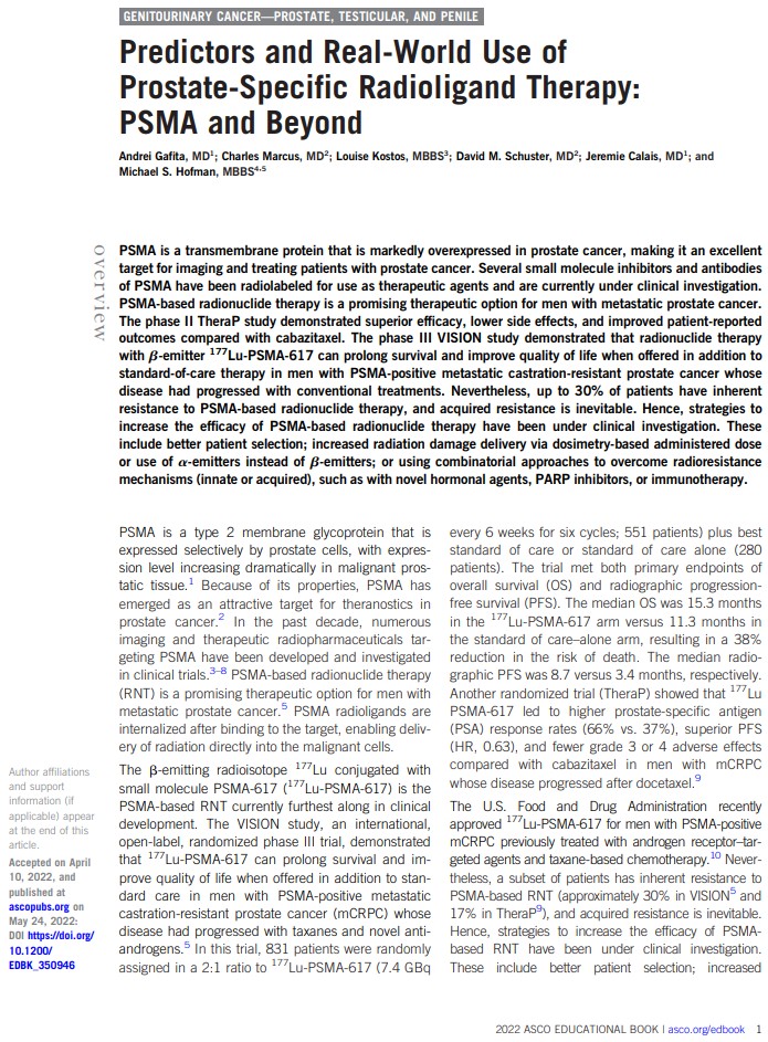 DrMHofman's tweet image. Predictors and Real-World Use of Prostate-Specific Radioligand Therapy: PSMA and Beyond
@asco Education Book #ASCO22 
ascopubs.org/doi/full/10.12…
@DrAGafita @LouiseKostos @CalaisJeremie @pros_tic