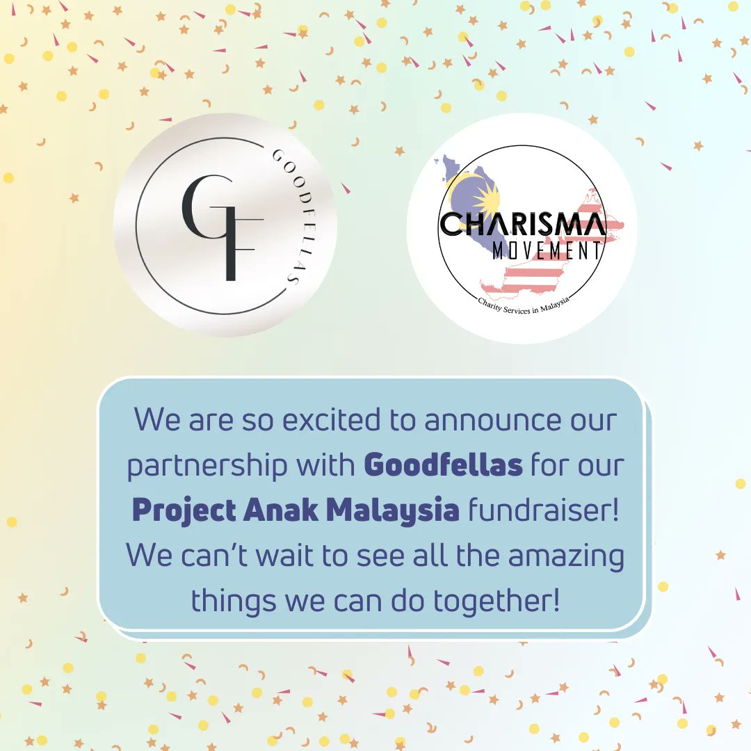 CharismaMVMT's tweet photo. Here we introduce our another partnership with Goodfellas for our Project Anak Malaysia! Remember to check out their initiatives at @goodfellas_scp to help achieve their target of RM5,000!🤗
#charismamovement #ProjectAnakMalaysia #youthvolunteer #volunteermalaysia #fundraiser https://t.co/EKDa1HYcTF