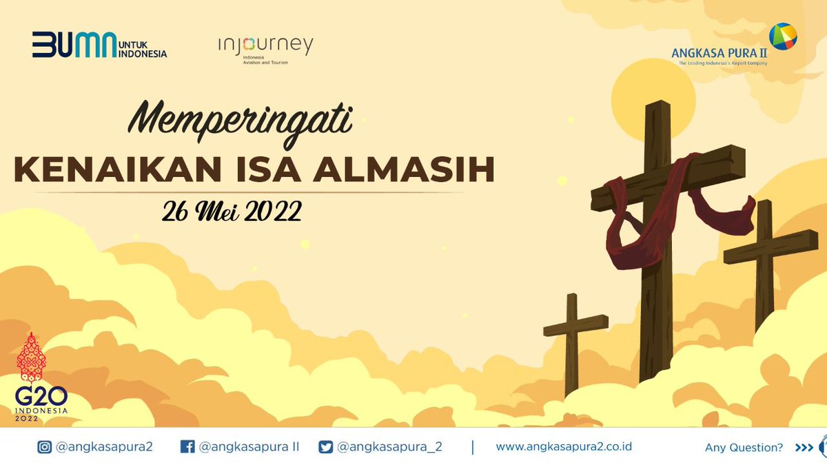 CCINJAirports's tweet photo. Selamat memperingati Hari Kenaikan Isa Almasih #AP2friends ☺️

Semoga damai sejahtera menghampiri hidup semua manusia dan segala doa terbaik selalu tercurahkan

#KenaikanIsaAlMasih
#ContactCenter138 https://t.co/uan6b3r2Yz