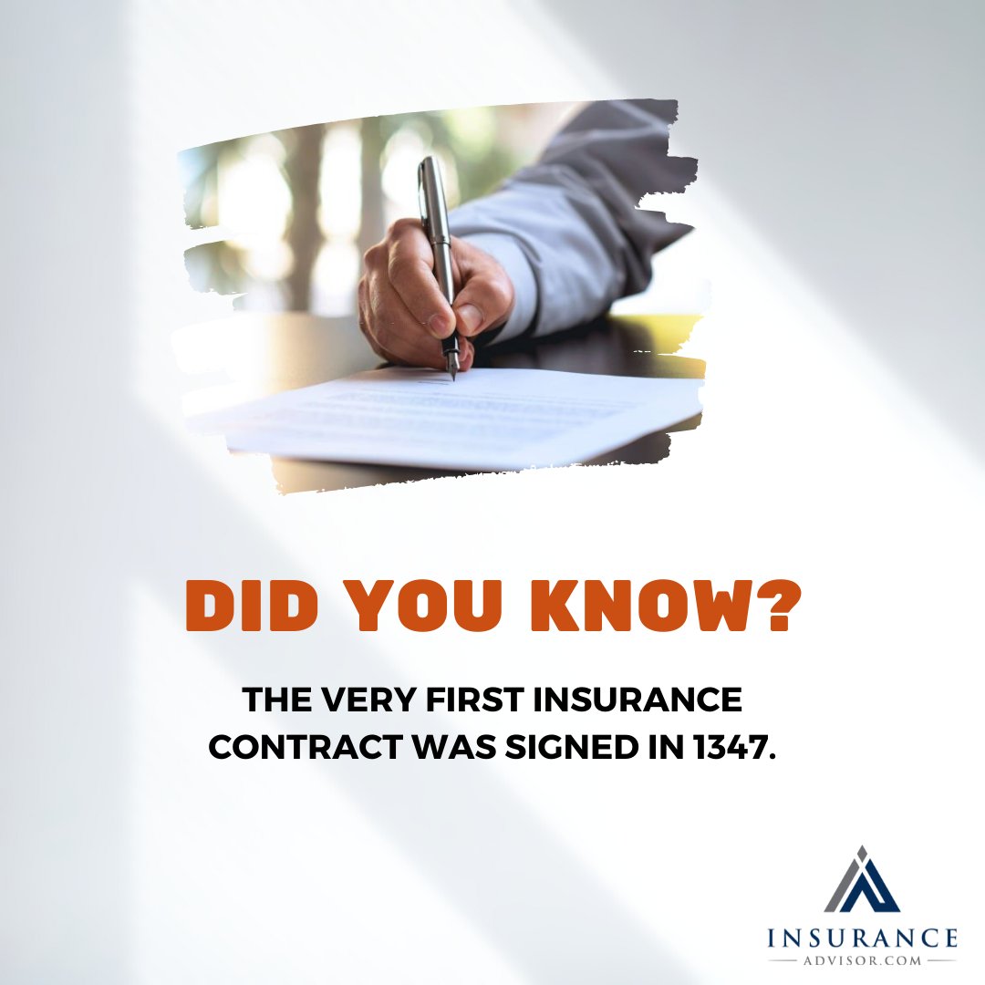 IAdvsr's tweet image. Insurance was first known to have existed in ancient civilizations, but there is no record of its beginning until 1347 in Genoa, Italy.

#didyouknow #insurancefact #firstinsurance #insuranceadvisor

To request a quote, visit us insuranceadvisor.com