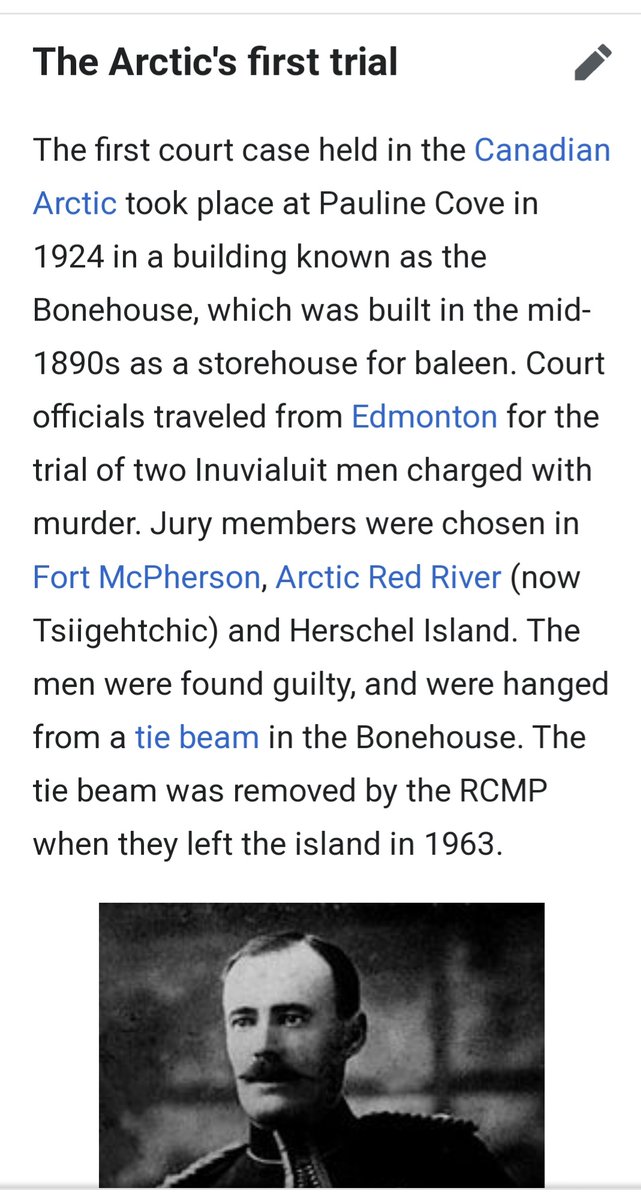 This is off Wikipedia.  They left out a few details. 
They (RCMP) made Inuvialuit and Gwich'in men go to the island to watch the hanging. 
After the body stopped moving, they looked at the men and pointed to the dead men and said This is what happens if you break our laws'