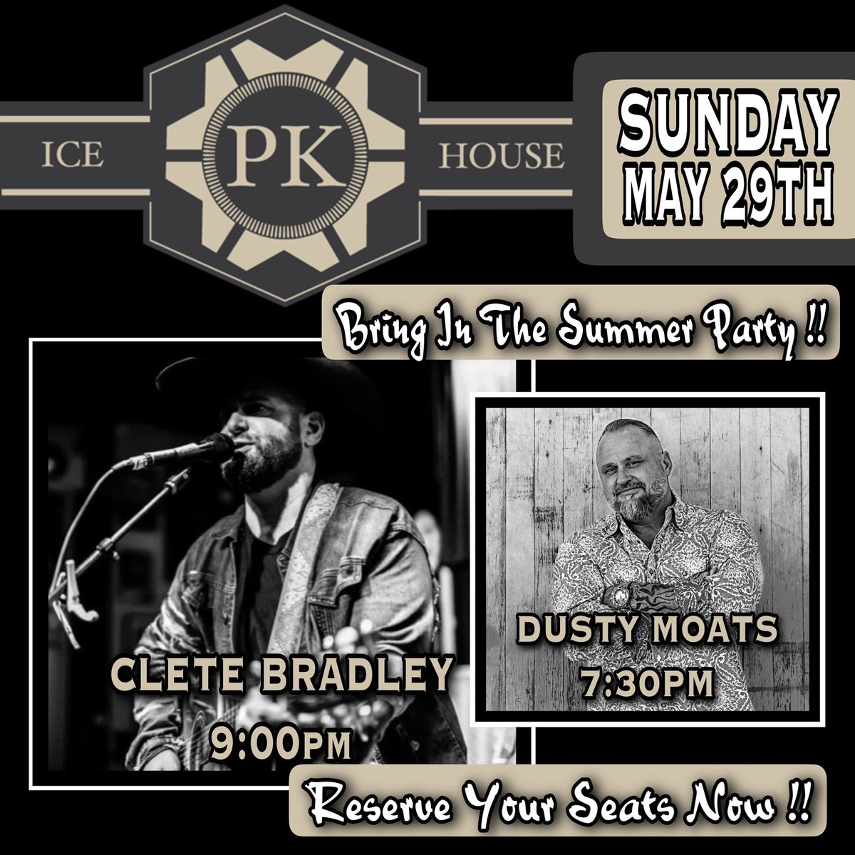Dusty Moats Music (@dustymoatsmusic) on Twitter photo KICK OFF THE SUMMER PartyClete Bradley & The Mood along with <a href="/Dusty/">Dustan Ingenthron</a> Moats FULL BAND SHOW on Sun 5/29. Their singles are climbing the Texas Charts. You gotta hear em!
7:30pm Dusty Moats
9:00pm Clete Bradley & The Mood
Tickets here: outhousetickets.com/Event/19682-Cl… #pkicehouse KICK OFF THE SUMMER PartyClete Bradley & The Mood along with <a href="/Dusty/">Dustan Ingenthron</a> Moats FULL BAND SHOW on Sun 5/29. Their singles are climbing the Texas Charts. You gotta hear em!
7:30pm Dusty Moats
9:00pm Clete Bradley & The Mood
Tickets here: outhousetickets.com/Event/19682-Cl… #pkicehouse