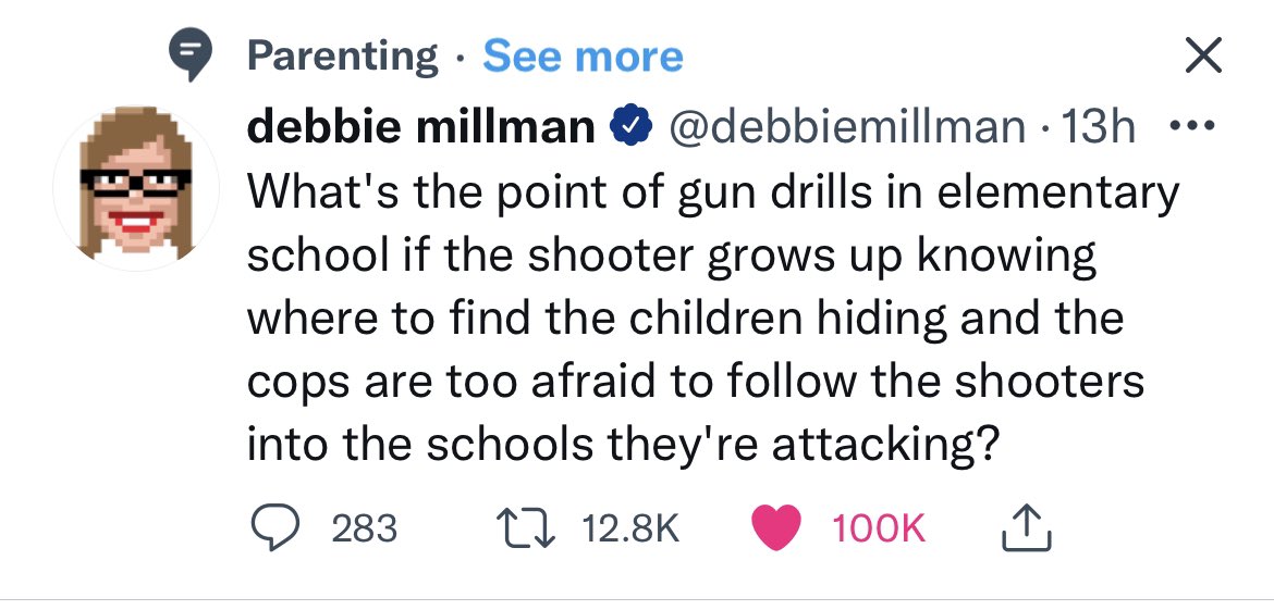 this tweet about sch00l sh00tings is labeled as “parenting,” an incredibly apt categorization