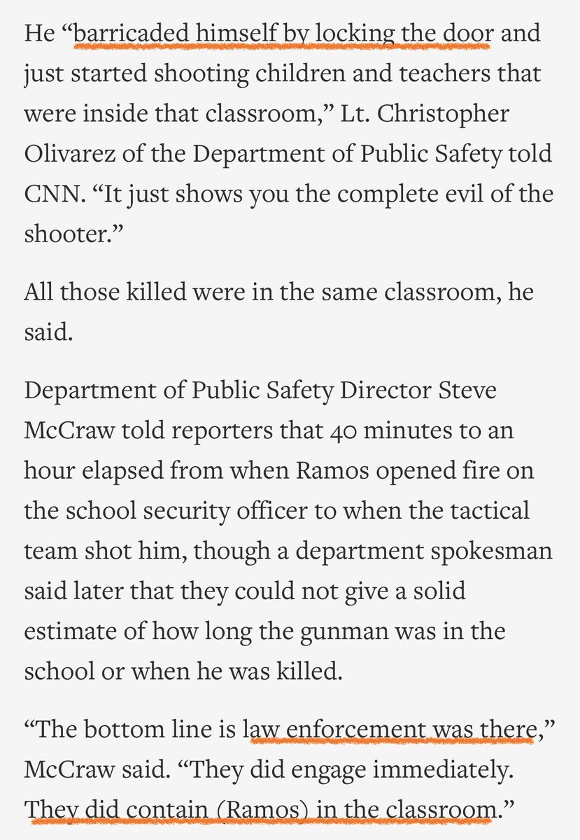nycsouthpaw's tweet photo. According to officials:
- the shooter went in a classroom and locked the door
- police on scene left him in there
- when border patrol showed up they couldn’t break down the door
- after 40-60m they got a member of the school staff to unlock it with a key https://t.co/0V1JJOkY2B https://t.co/Dwt0vGfKtQ