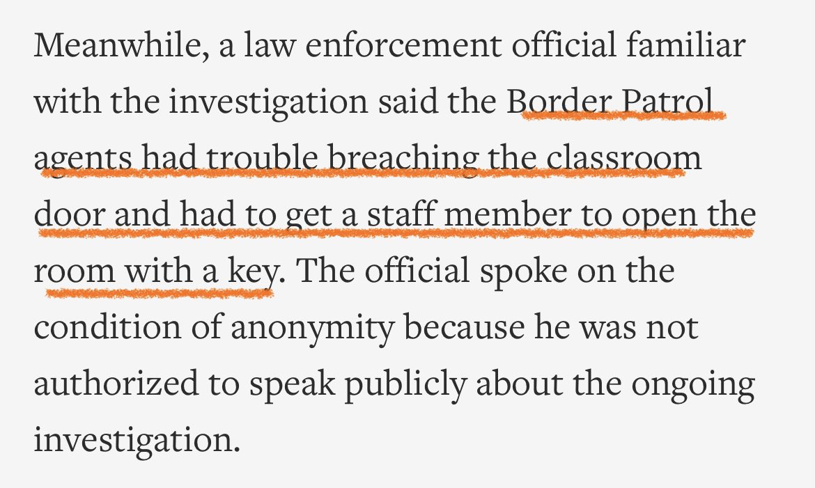 According to officials:
- the shooter went in a classroom and locked the door
- police on scene left him in there
- when border patrol showed up they couldn’t break down the door
- after 40-60m they got a member of the school staff to unlock it with a key apnews.com/article/uvalde…