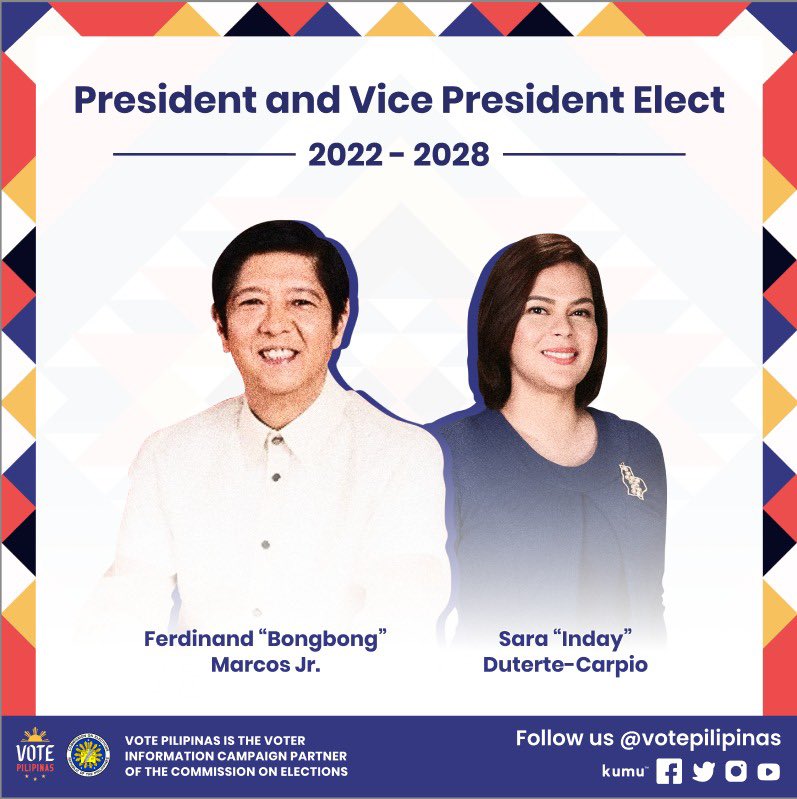 VotePilipinas's tweet photo. After canvassing votes, Philippine Congress has proclaimed Ferdinand Marcos Jr. as president-elect and Sara Duterte as vice president-elect on Wednesday, May 25.

#Halalan2022 https://t.co/s4SBZfmJnZ
