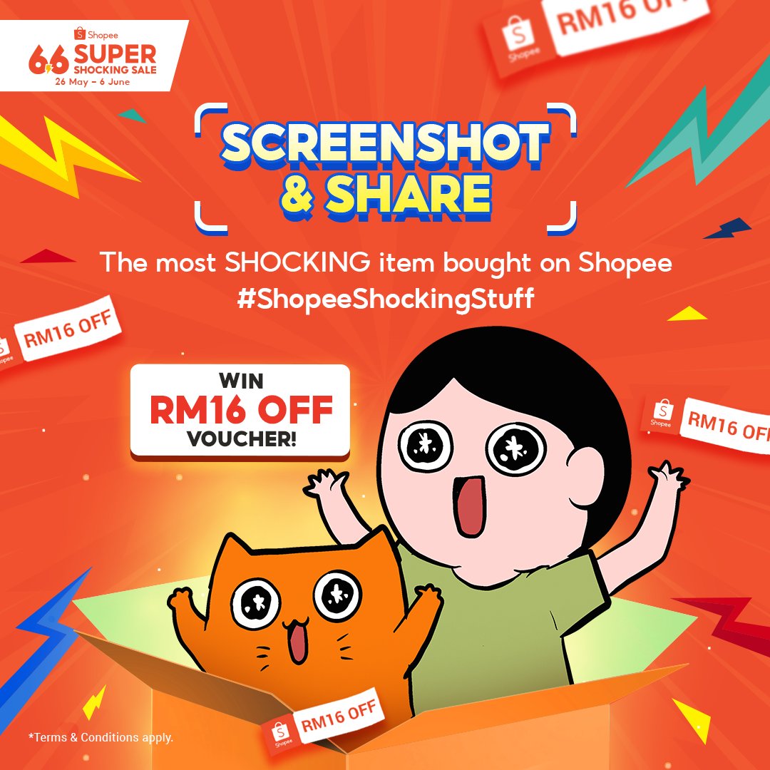 ShopeeMY's tweet photo. ✨ 6.6 SCREENSHOT &amp; SHARE CONTEST #ShopeeShockingStuff ✨

Here’s your chance to WIN EXTRA RM16 OFF VOUCHER for your 6.6 shopping. Check out this THREAD to find out more on how to win 👇
#ShopeeMY #ShopeeMY66 https://t.co/jwIlXGudSS