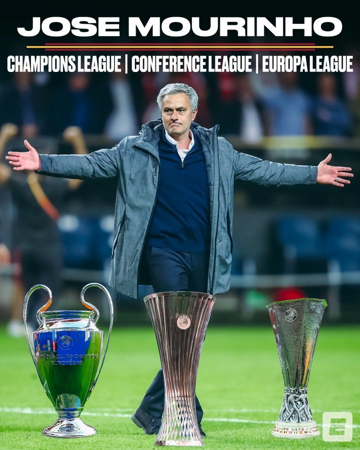 calfscore's tweet photo. Jose Mourinho became the first manager to win the three European Football Cups of Champions League, Europa League and Conference League. https://t.co/QCCYc8XnQM