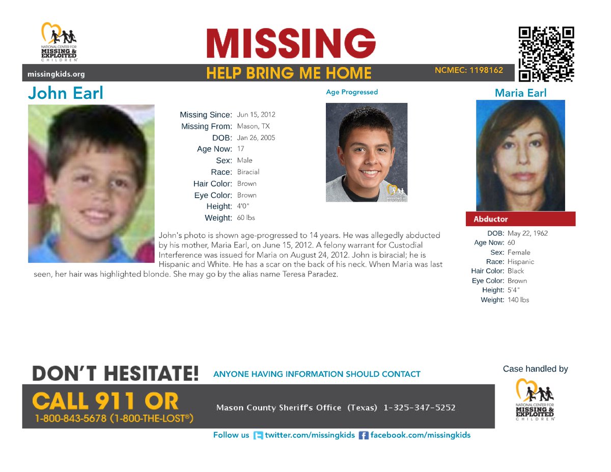 John's photo is shown age-progressed to 14 years, today he is 17-years-old. He was allegedly abducted by his mother, Maria Earl, on June 15, 2012 from Mason, #Texas. A felony warrant for Custodial Interference was issued for Maria on Aug. 24, 2012. 
#MissingChildrensDay