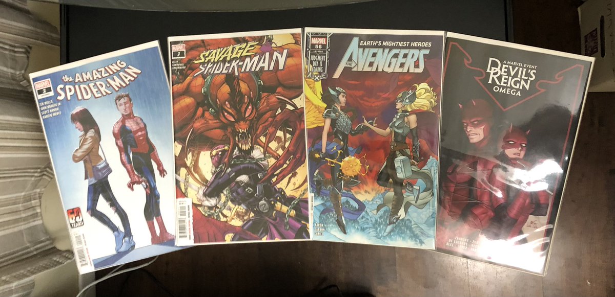 This week’s #NCBD haul & #DigitalComicGiveaway - Amazing Spider-Man #2 by @zebwells & @JrRomita, Savage Spider-Man #3 by @thatJoeKelly & @SandovalBox, Avengers #56 by @jasonaaron & @JavierGarron, and Devil’s Reign Omega #1 by @zdarsky & @De_Latorre. Giveaway details in next tweet https://t.co/Nfv5nCUwsL