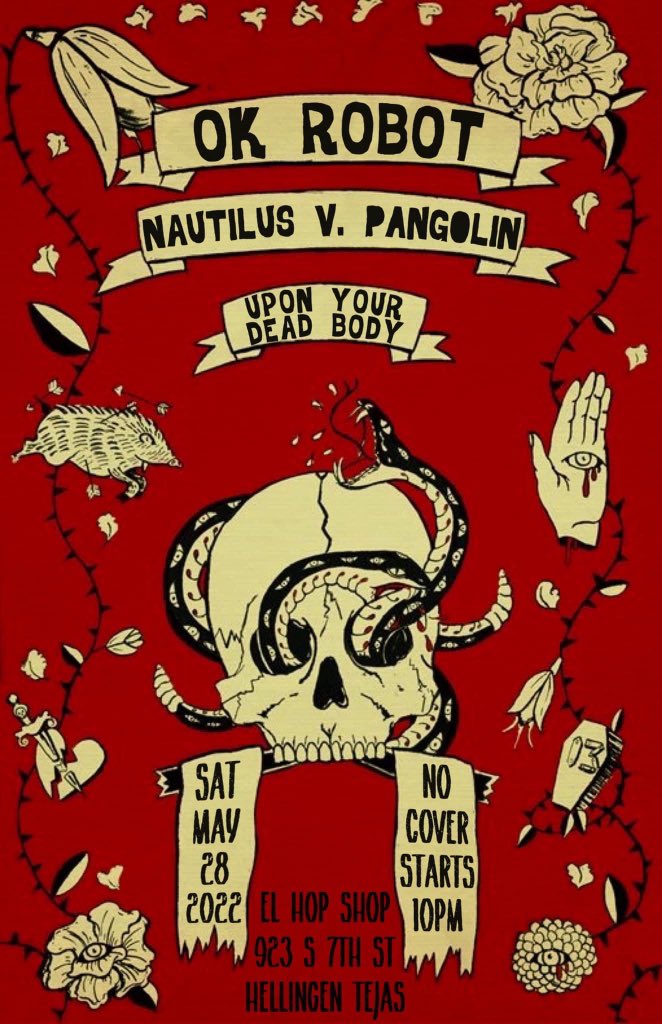 Excited to share the stage with <a href="/OkRobotBand/">Ok Robot!</a> and @uponyourdeadbody this Saturday at the Hop Shop in Harlingen! 👹

No cover charge so spend your money on some drinks 🍻