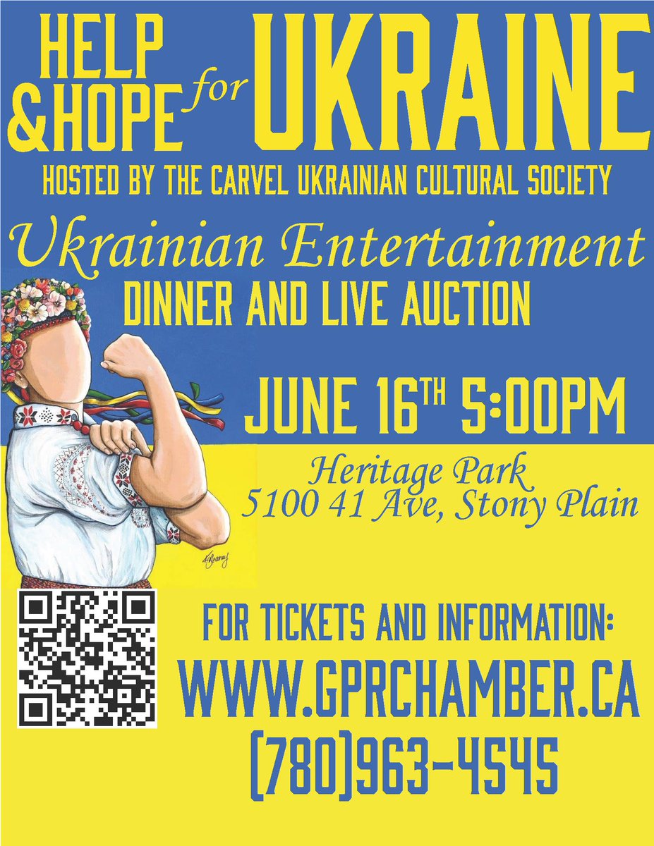 shaigec's tweet photo. The Carvel Ukrainian Cultural Society has partnered with the Greater Parkland Regional Chamber of Commerce and the Stony Plain and Spruce Grove Rotary Clubs to host a fundraiser 16 June to support Ukrainian Nationals who have been displaced by the war in Ukraine. https://t.co/nLxUwU5Quw