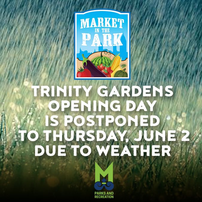 Due to an inclement weather forecast Opening Day for our THURSDAY Market in the Park at Trinity Gardens has been postponed to Thursday, June 2nd. We look forward to sunny skies and smiling faces next week! 
#mitpmobile #shoplocal #eatfresh #farmersmarket #mobilealabama #raindelay