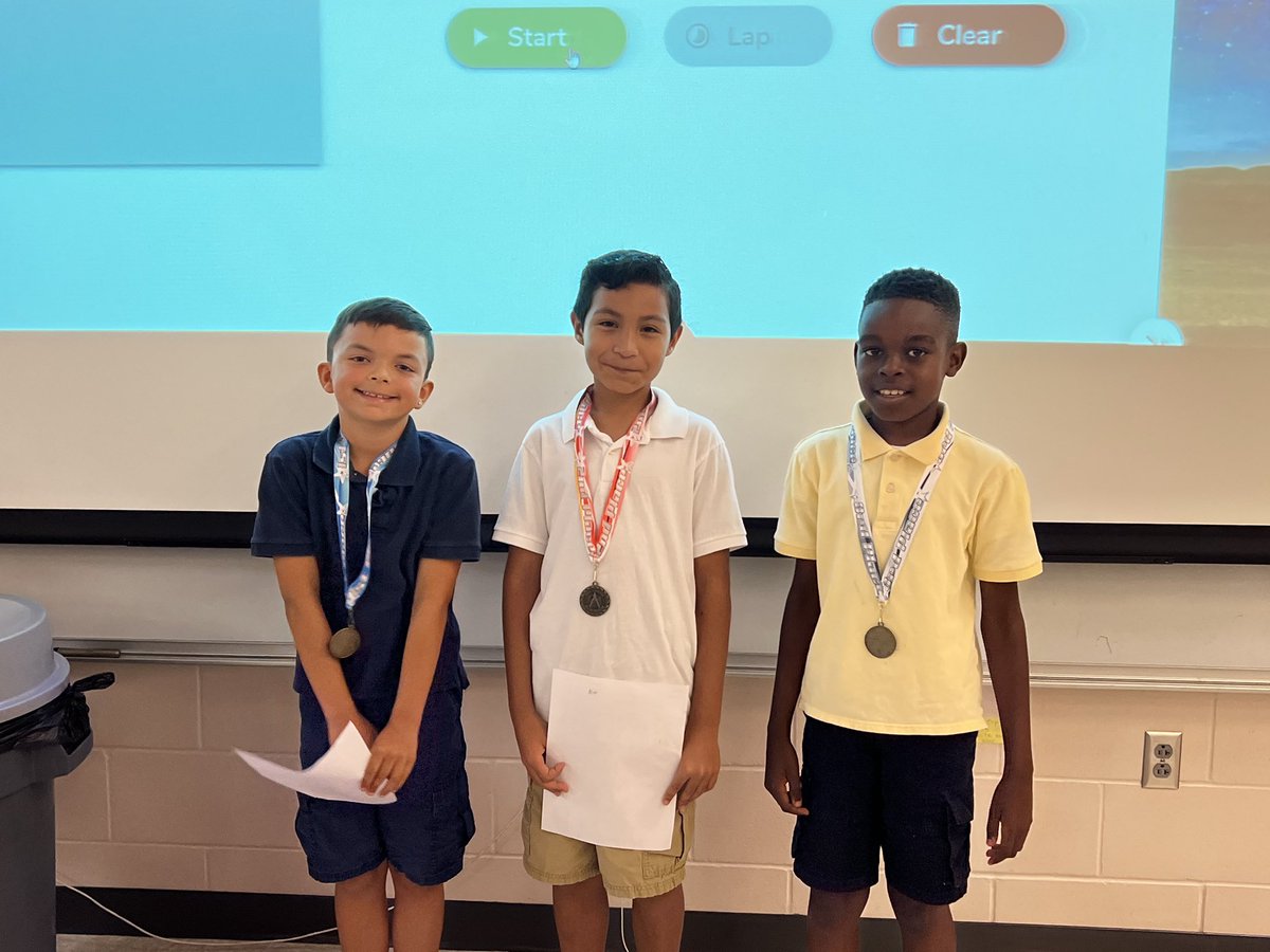 StallingsCPE's tweet photo. First, second and third place winners of the third grade multiplication competition. Way to go!! Setting goals and meeting them! #4thgradeready #multiplicationrocks @blackbearsroar https://t.co/PsuIHEoNLI