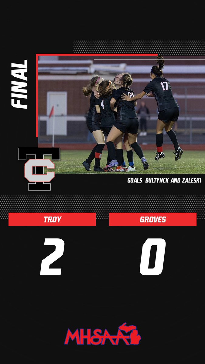 Survive and advance! 

@TCVS_2022 takes down Birmingham Groves in the District quarterfinals to advance! 

Both goals game late in the game as <a href="/sophia_zaleski/">Sophia Zaleski</a> netted one from outside of the box in the 78th and <a href="/BultynckLizzie/">Lizzie Bultynck</a> added the second in the 79th.

<a href="/MIPrepZone/">MIPrepZone</a>