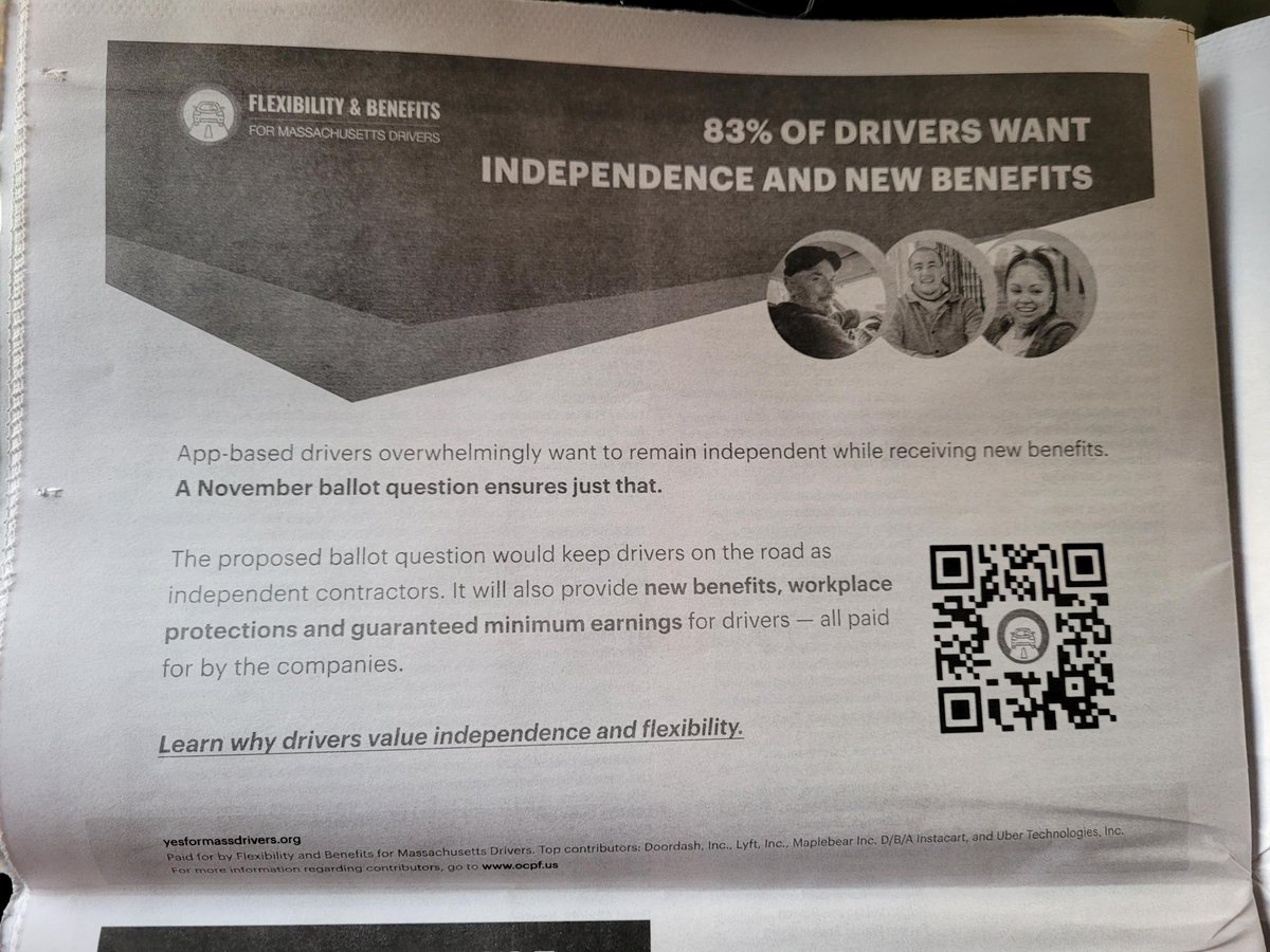 It's pathetic and unsurprising that <a href="/massdems/">Massachusetts Democratic Party</a>, in the booklet for the Democratic State Convention, gave space to promote the app worker ballot question — an unequivocally anti-labor effort that opens the door to denying all workers benefits, labor protections, and guaranteed pay.
