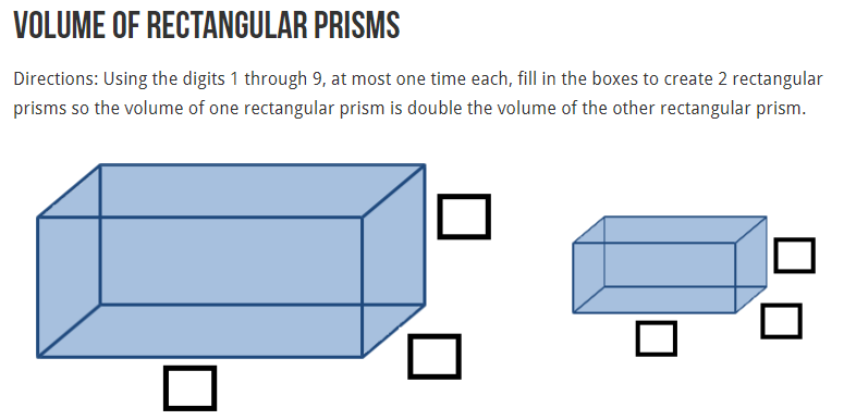 robertkaplinsky's tweet photo. This fifth grade problem on the volume of a rectangular prism from @JSchwartz10a will your students thinking more deeply. See the hints and answers on @openmiddle at: https://t.co/8n9h2iiw7E #iteachmath https://t.co/kNL8XozNTr