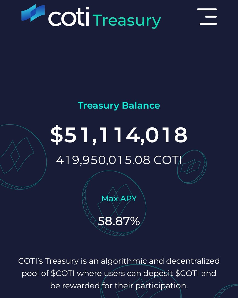 ItsDarween's tweet photo. 40% of $COTI is in the Treasury
(419,950,015 / 1,050,000,000) 

And it's just the beginning 🙌 https://t.co/DZoFzvKWXH
