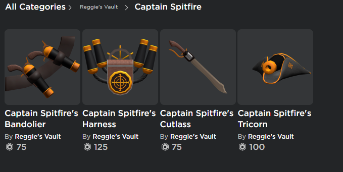 Captain Spitfire set is out. Get the complete set here:

roblox.com/catalog?Keywor…

#Roblox #RobloxUGC