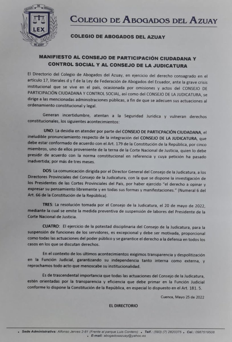 ColAbogAzuay's tweet photo. El pronunciamiento del Colegio de Abogados del Azuay sobre los últimos acontecimientos en la Función Judicial. https://t.co/KRUdZgHyaR