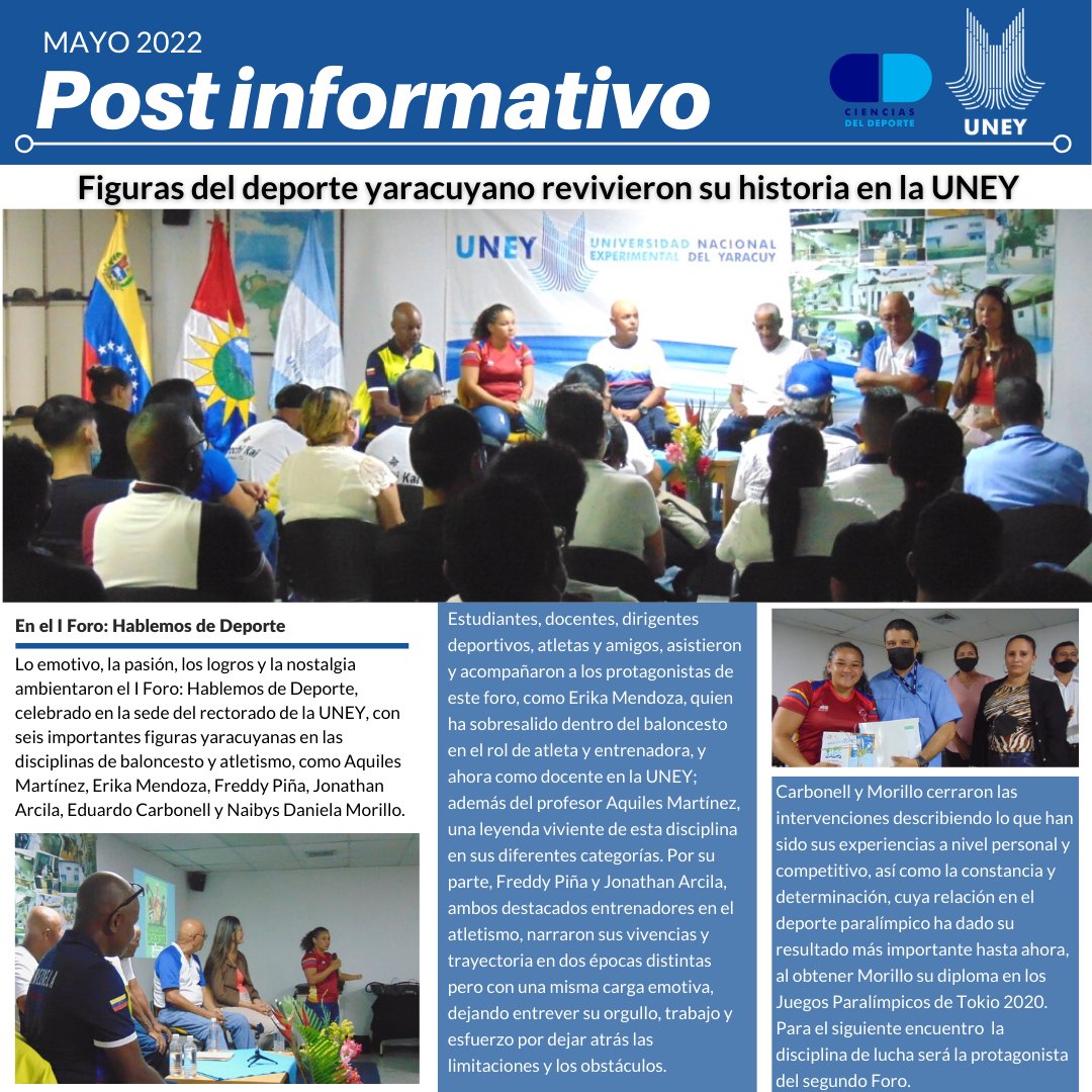 Estos encuentros son parte fundamental de la preparación integral de la <a href="/uney_oficial/">UNEY</a> y del profesional en Ciencias del Deporte, además de proyectar y dar a conocer las figuras y los valores de la región en esta área. #25deMayo <a href="/MedozaWullian/">Wullian Mendoza</a> <a href="/marioyovera/">Mario Yovera</a> <a href="/corsan_lucha/">Colcortd</a> <a href="/arbolve/">ArbolVe</a>
