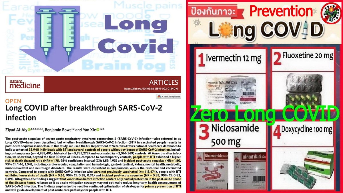 manote01433503's tweet photo. Prevention COVID-19 to severe disease and Long COVID
#ZeroPneumonia
#ZeroIntubation
#ZeroDeath
#ZeroLongCOVID
Fantastic Four
4 Inhibitors of Cytokine Storm in COVID-19
1. #Ivermectin
2. #Niclosamide
3. #Fluoxetine
4. #Doxycycline
https://t.co/7q9GcI84lD https://t.co/HoHz29Q4D1