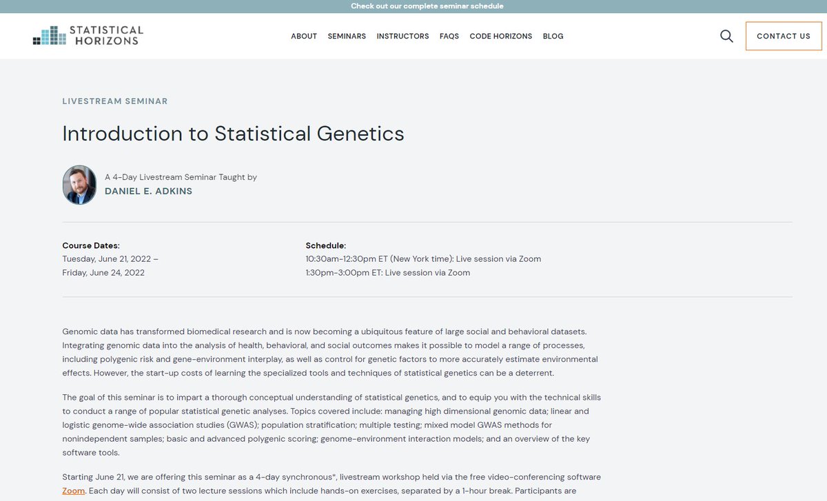 Daniel E. Adkins (@daniel_e_adkins) on Twitter photo Registration is open for my <a href="/StatHorizons/">Statistical Horizons</a> livestream course, "Introduction to Statistical Genetics". If you want to learn stat gen essentials (eg, GWAS, polygenic scores, data viz, GxE) & apply them to behavioral research, consider this course. statisticalhorizons.com/seminars/intro… Registration is open for my <a href="/StatHorizons/">Statistical Horizons</a> livestream course, "Introduction to Statistical Genetics". If you want to learn stat gen essentials (eg, GWAS, polygenic scores, data viz, GxE) & apply them to behavioral research, consider this course. statisticalhorizons.com/seminars/intro…