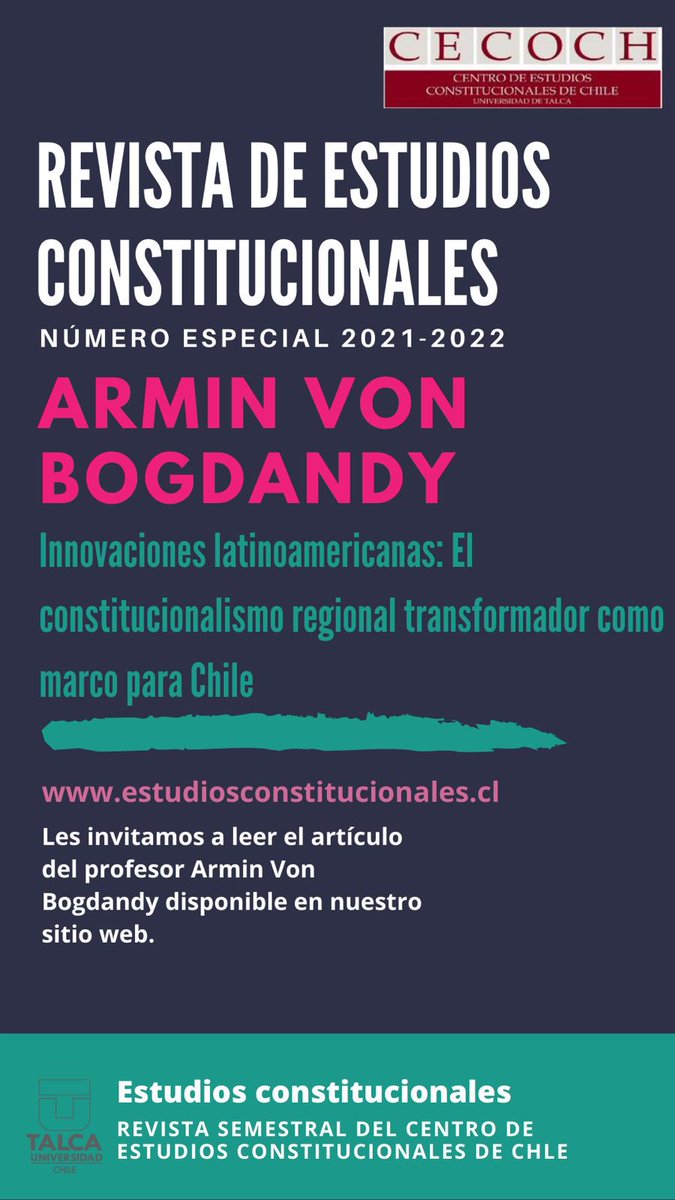 El Cecoch les invita a consultar el artículo del profesor Armin von Bogdandy que acaba de aparecer en el edición especial sobre el proceso constituyente chileno de la revista Estudios Constitucionales 🌎☀️⛈️🍃. Disponible aquí 👇🏻:estudiosconstitucionales.cl/index.php/econ…