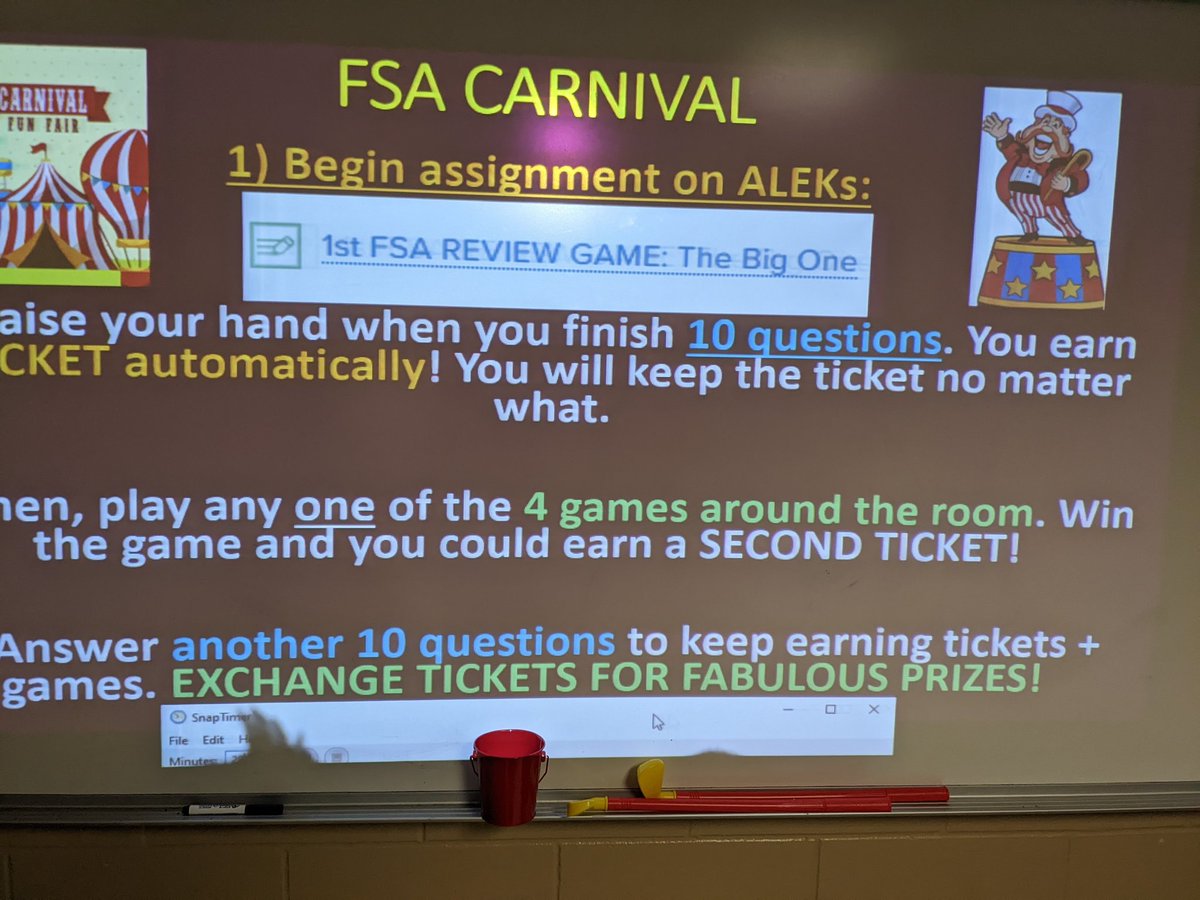 MisterWippel's tweet photo. Before our FSA: students played in the FSA CARNIVAL! After answering 10 (carefully crafted) ALEKs questions, students earned a ticket. Then they could play one of 4 games to win a second ticket! Students answered a median of 54 problems by the end. @IMS_Indians @collierschools https://t.co/B1gI2EHBXa