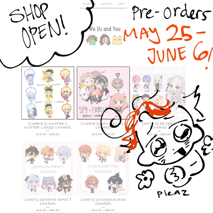 [rts 🙏] 
HELLOO opened a joint shop with @catkosu &amp; @motaberrie  pls do check it out! We have HxH, SXF, ReZero, CSM, and Genshin! Will be putting shop link in bio, and check out the thread for products! 